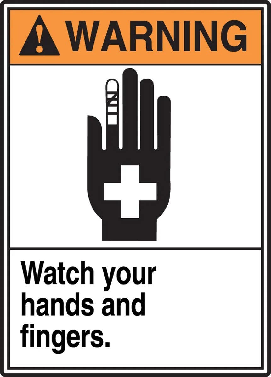 AccuformNMC LEQM330VSP ANSI Warning Safety Label, Watch Your Hands And Fingers, Adhesive Vinyl, 5" H x 3-1/2" W, 5/Pk
