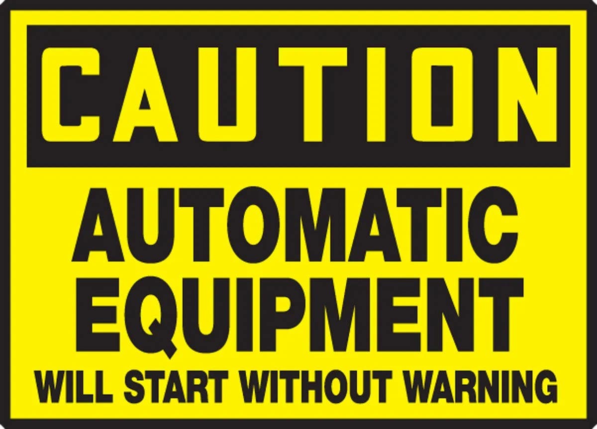 AccuformNMC LEQM604VSP Equipment Safety Label, Caution, Automatic Equipment..., Adhesive Vinyl, 3-1/2" H x 5" W, 5/Pk