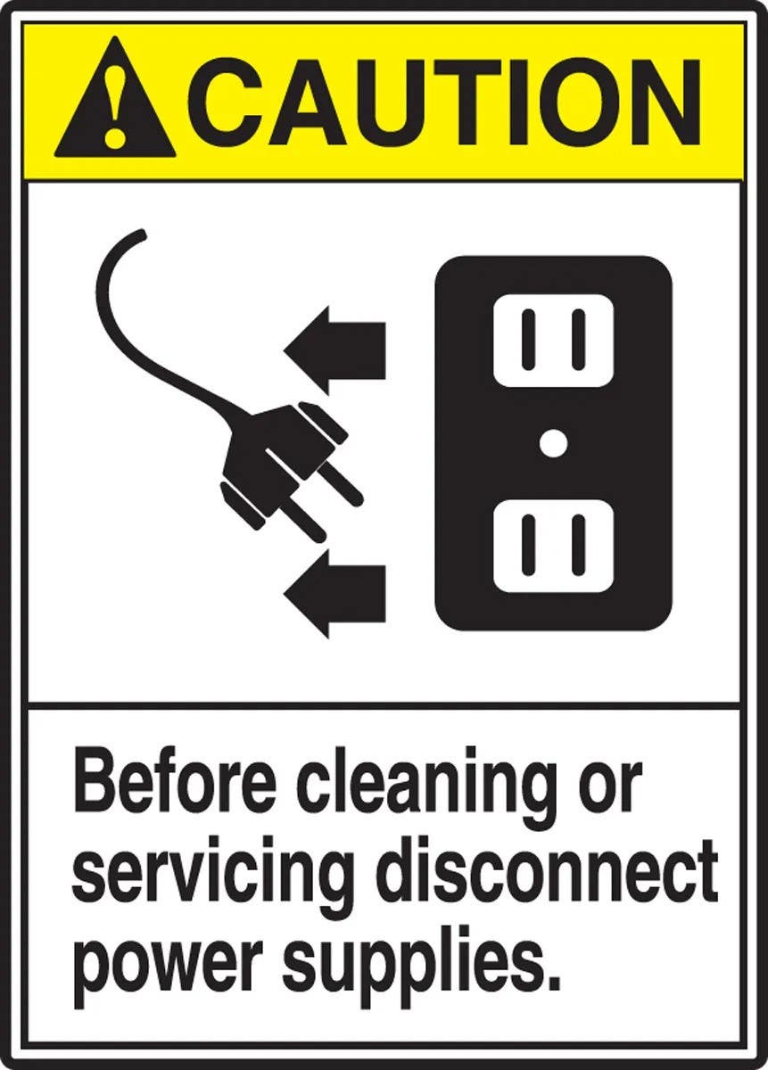 AccuformNMC LEQM665VSP Equipment Safety Label, Caution, Before Cleaning Or Servicing..., Adhesive Vinyl, 5" H x 3-1/2" W, 5/Pk