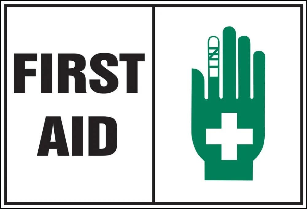 AccuformNMC LFSD500XVE Safety Label, First Aid, Adhesive Dura Vinyl, 3-1/2" H x 5" W