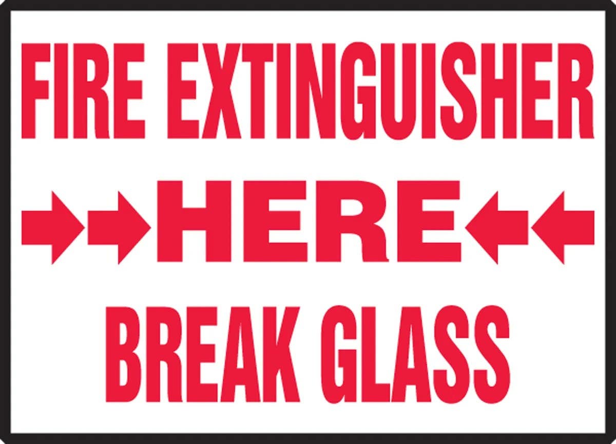 AccuformNMC LFXG43 Fire Safety Label, Fire Extinguisher, Here, Break Glass, Adhesive Vinyl, 5/Pk