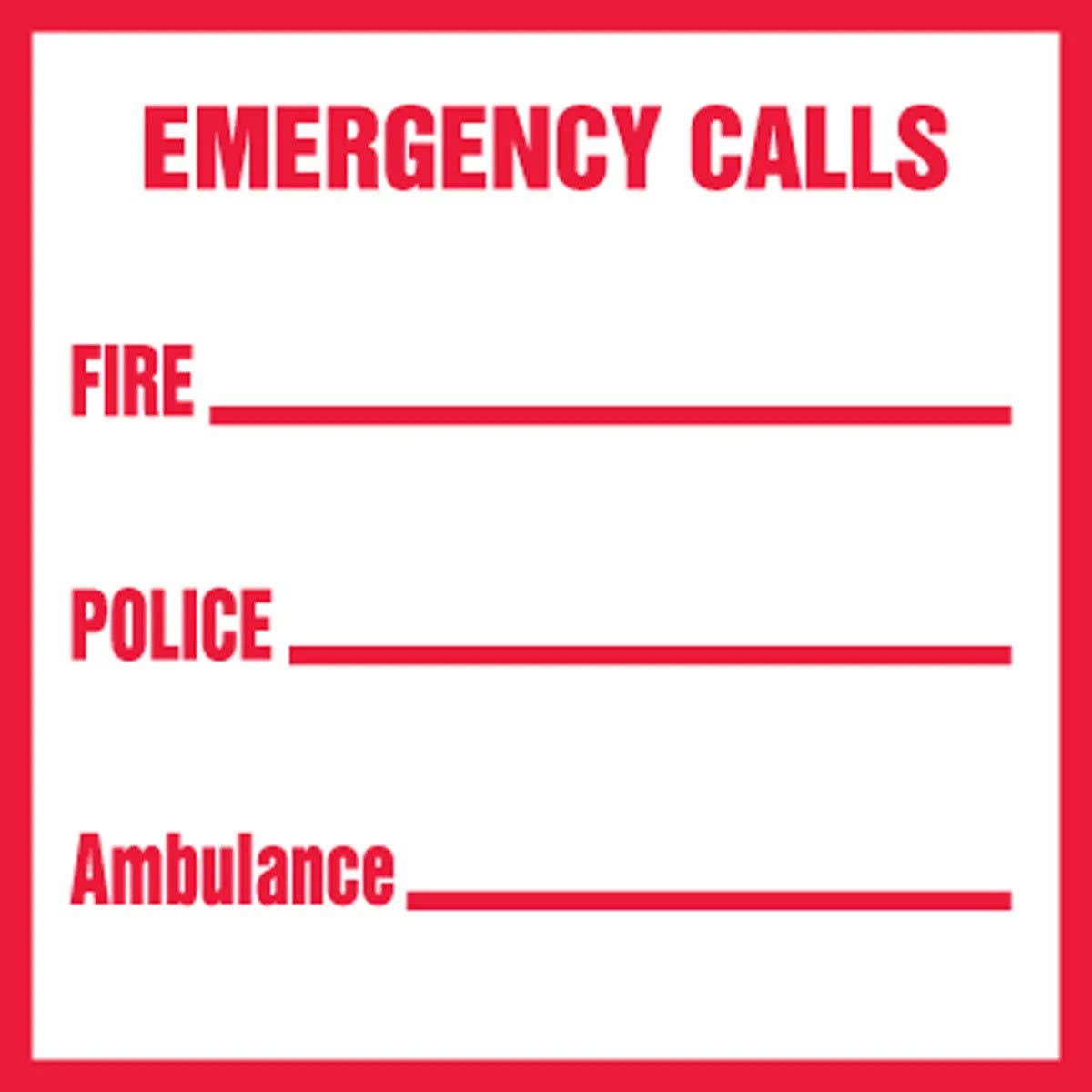 AccuformNMC LFXG462VSP Safety Label, Emergency Calls, Fire, Police, Ambulance, Adhesive Vinyl, 2" x 2", 10/Pk