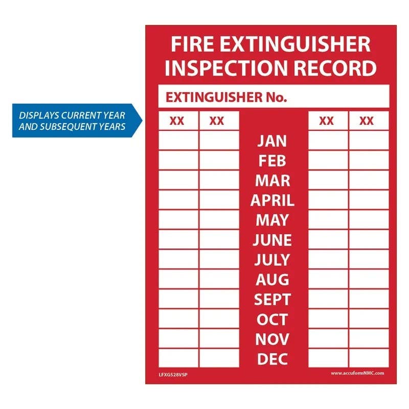 AccuformNMC LFXG528VSP Fire Safety Label, Fire Extinguisher Inspection Record, Adhesive Vinyl, 5" H x 3-1/2" W, 5/Pk