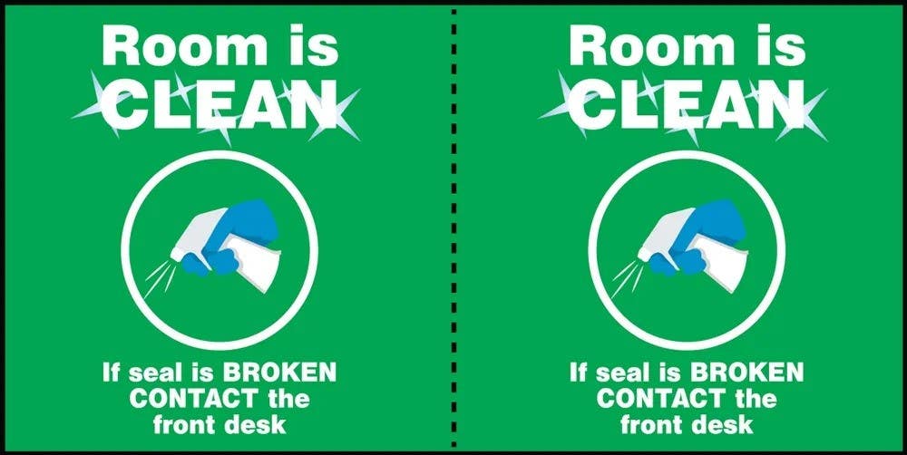 AccuformNMC LHSK Door Seal Label, Room Is Clean If Seal Is Broken Contact The Front Desk, 2-1/2" x 5", 100/Roll