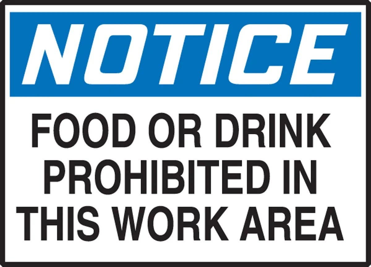 AccuformNMC LHSK886XVE OSHA Notice Safety Label, Food Or Drink Prohibited…, Adhesive Dura Vinyl, 3-1/2" H x 5" W