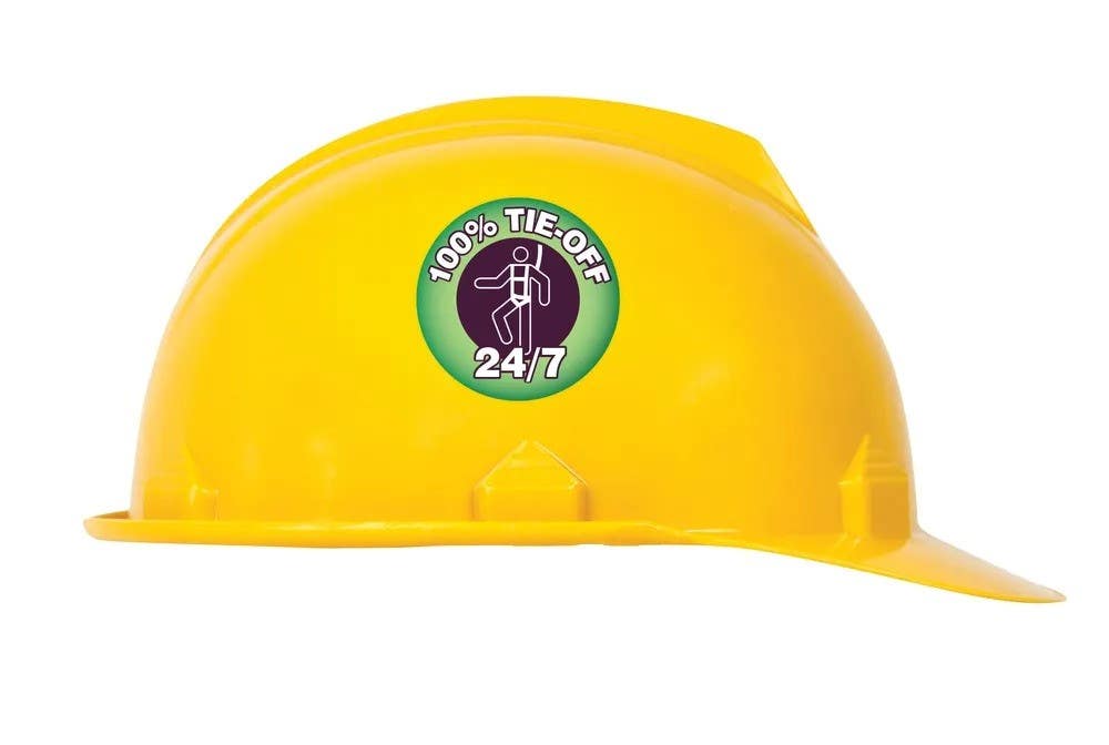 AccuformNMC LHTL079 Hard Hat Stickers, 100% Tie Off 24/7, Adhesive Vinyl, 2-1/4" H x 2-1/4" W, 10/Pk