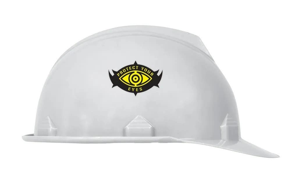 AccuformNMC LHTL084 Hard Hat Stickers, Protect Your Eyes, Adhesive Vinyl, 1-1/2" H x 2-1/4" W, 10/Pk