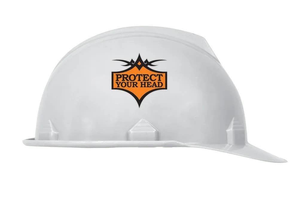 AccuformNMC LHTL086 Hard Hat Stickers, Protect Your Head, Adhesive Vinyl, 2-1/4" H x 2-1/4" W, 10/Pk