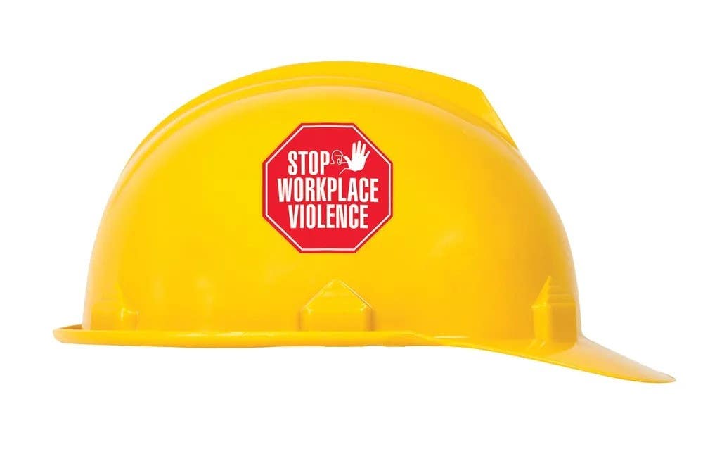 AccuformNMC LHTL091 Hard Hat Stickers, Stop Workplace Violence, Adhesive Vinyl, 2-1/4" H x 2-1/4" W, 10/Pk