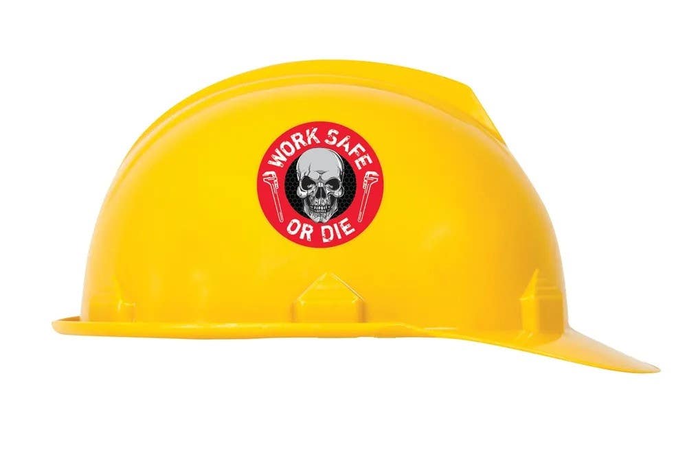 AccuformNMC LHTL094 Hard Hat Stickers, Work Safe Or Die, Adhesive Vinyl, 2-1/4" H x 2-1/4" W, 10/Pk