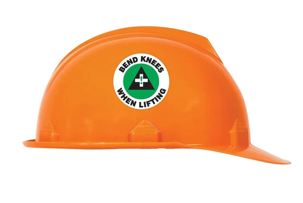 AccuformNMC LHTL105 Hard Hat Stickers, Bend Knees When Lifting, Adhesive Vinyl, 2-1/4", 10/Pk