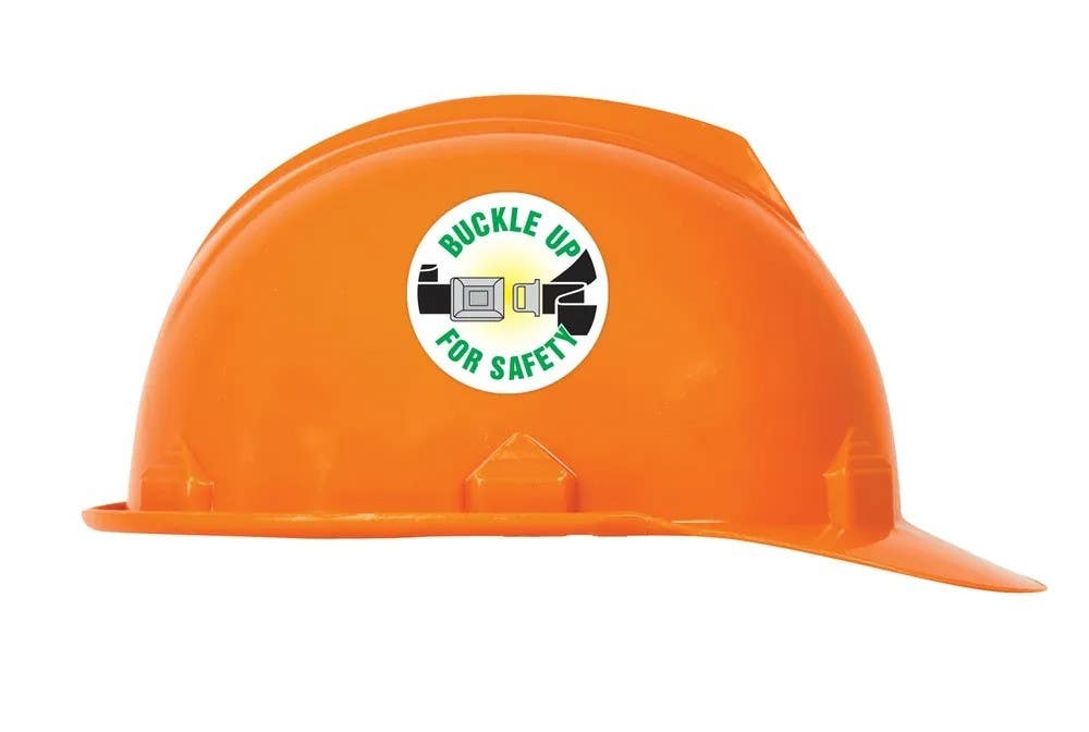 AccuformNMC LHTL112 Hard Hat Stickers, Buckle Up For Safety, Adhesive Vinyl, 2-1/4", 10/Pk