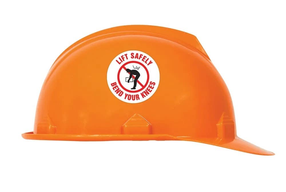 AccuformNMC LHTL132 Hard Hat Stickers, Lift Safely, Bend Your Knees, Adhesive Vinyl, 2-1/4", 10/Pk