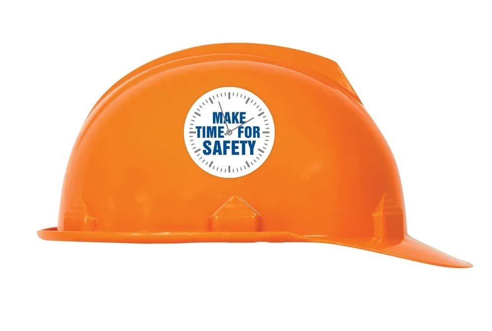 AccuformNMC LHTL136 Hard Hat Stickers, Make Time For Safety, Adhesive Vinyl, 2-1/4", 10/Pk