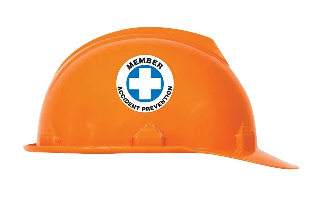 AccuformNMC LHTL139 Hard Hat Stickers, Member Accident Prevention, Adhesive Vinyl, 2-1/4", 10/Pk