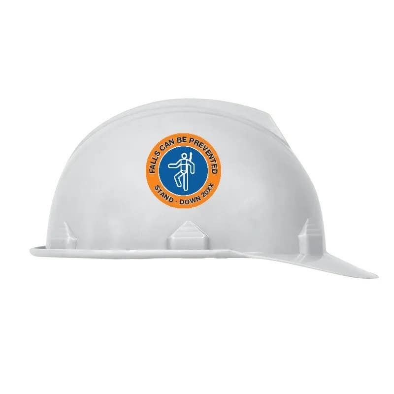 AccuformNMC LHTL144 Hard Hat Sticker, Falls Can Be Prevented, Stand-Down 20XX, Adhesive Vinyl, 2-1/4", 10/Pk