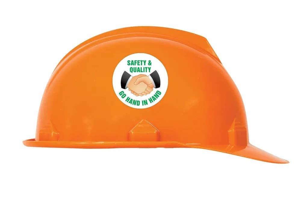 AccuformNMC LHTL172 Hard Hat Stickers, Safety & Quality Go Hand In Hand, Adhesive Vinyl, 2-1/4", 10/Pk
