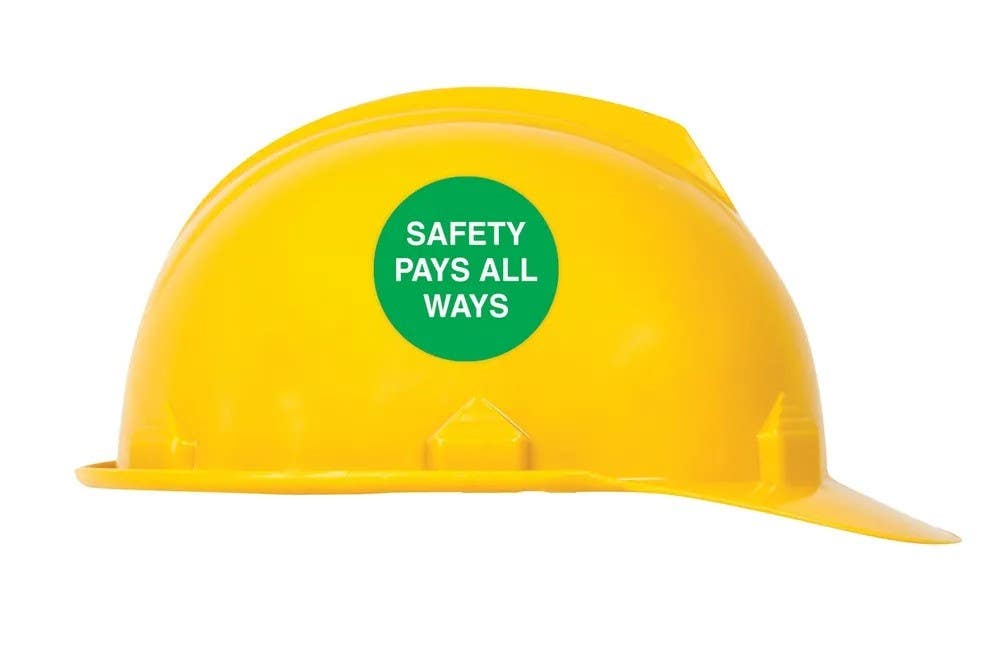 AccuformNMC LHTL181 Hard Hat Stickers, Safety Pays All Ways, Adhesive Vinyl, 2-1/4", 10/Pk