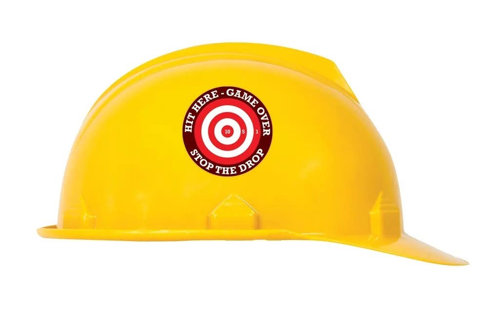 AccuformNMC LHTL214 Hard Hat Stickers, Hit Here, Game Over, Stop The Drop, Adhesive Vinyl, 2-1/4", 10/Pk