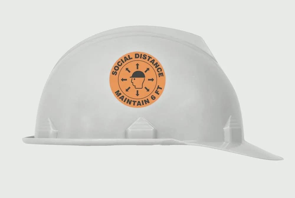 AccuformNMC LHTL270 Hard Hat Sticker, Social Distance Maintain 6 Ft w /Hard Hat Head Symbol, Adhesive Vinyl, 10/Pk