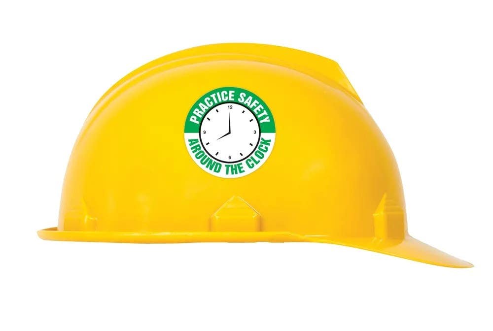 AccuformNMC LHTL308 Hard Hat Stickers, Practice Safety Around The Clock, Adhesive Vinyl, 2-1/4", 10/Pk