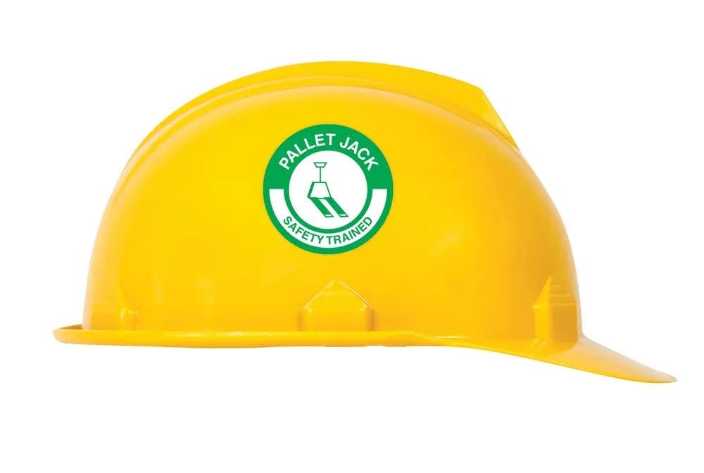 AccuformNMC LHTL338 Hard Hat Stickers, Pallet Jack Safety Trained, Adhesive Vinyl, 2-1/4", 10/Pk