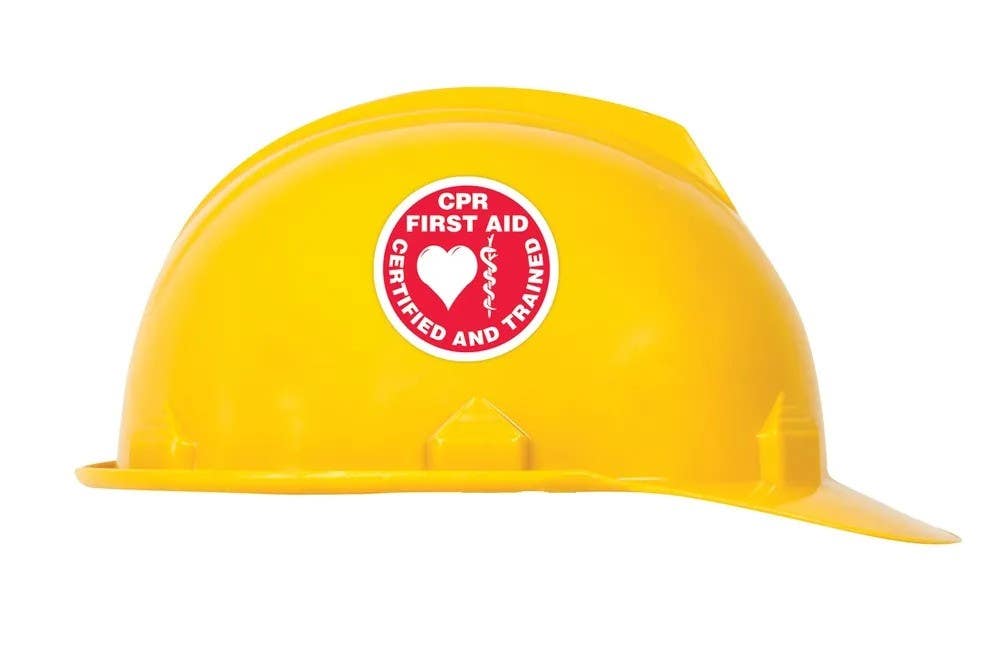 AccuformNMC LHTL348 Hard Hat Stickers, CPR/First Aid Certified And Trained, Adhesive Vinyl, 2-1/4", 10/Pk