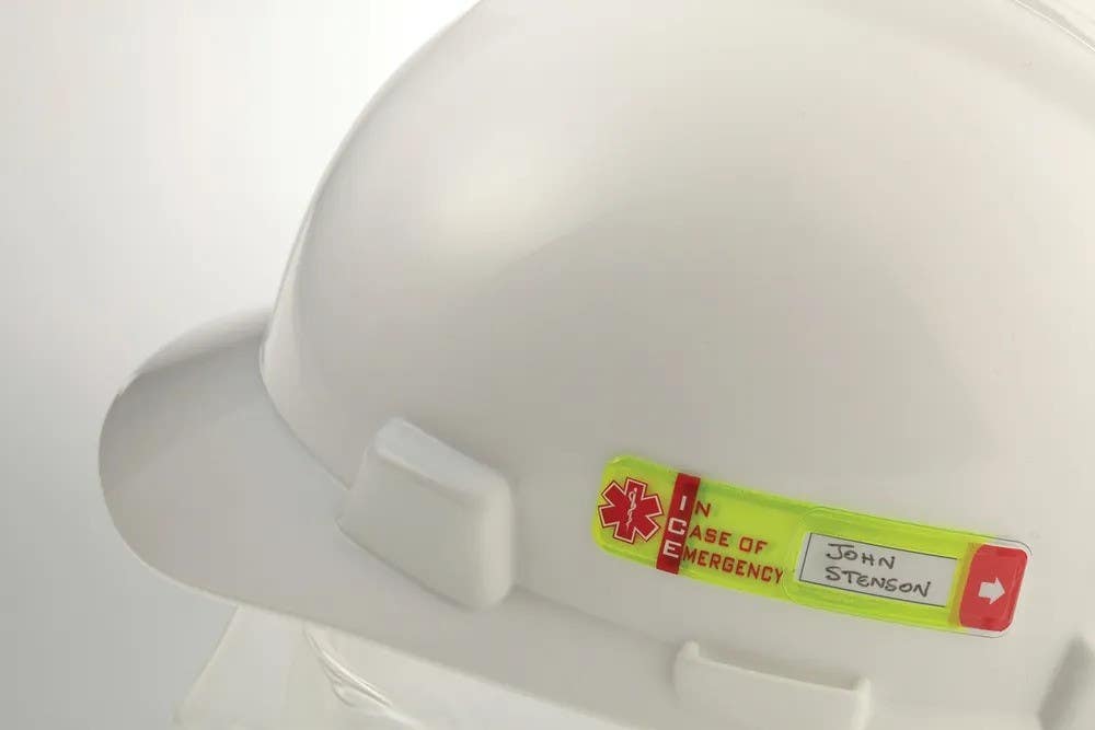 AccuformNMC LHTL676 Worker Emergency ID Hard Hat Label, In Case Of Emergency, 3/4" H x 3-1/4" W, 25/Pk
