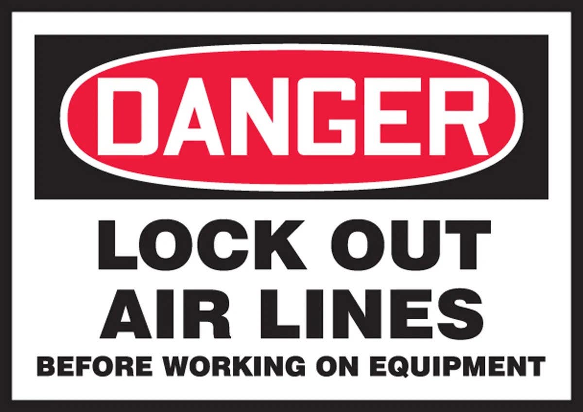 AccuformNMC LLKT125VSP Safety Label, Danger, Lock Out Air Lines Before Working…, Adhesive Vinyl, 3-1/2" H x 5" W, 5/Pk