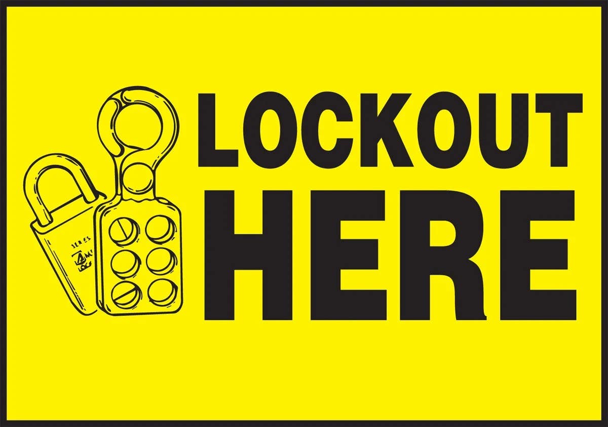 AccuformNMC LLKT431 Lockout/Tagout Label, Lockout Here (Black/Yellow), Magnetic Vinyl, 3-1/2" H x 5" W