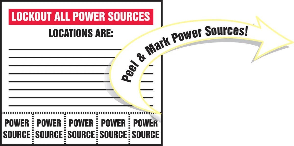 AccuformNMC LLKT575 Safety Label, Lockout All Power Sources, Location Are