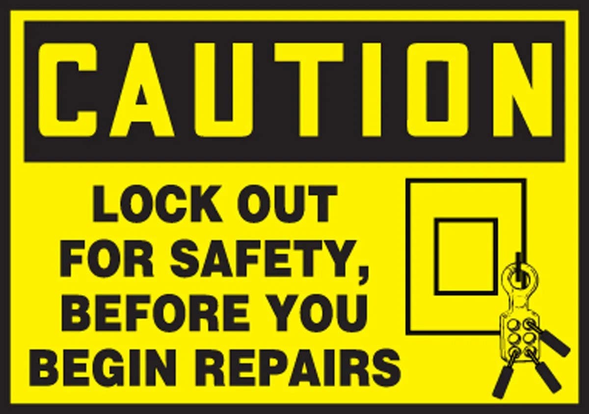AccuformNMC LLKT601VSP Safety Label, Caution, Lock Out For Safety Before..., Adhesive Vinyl, 3-1/2" H x 5" W, 5/Pk