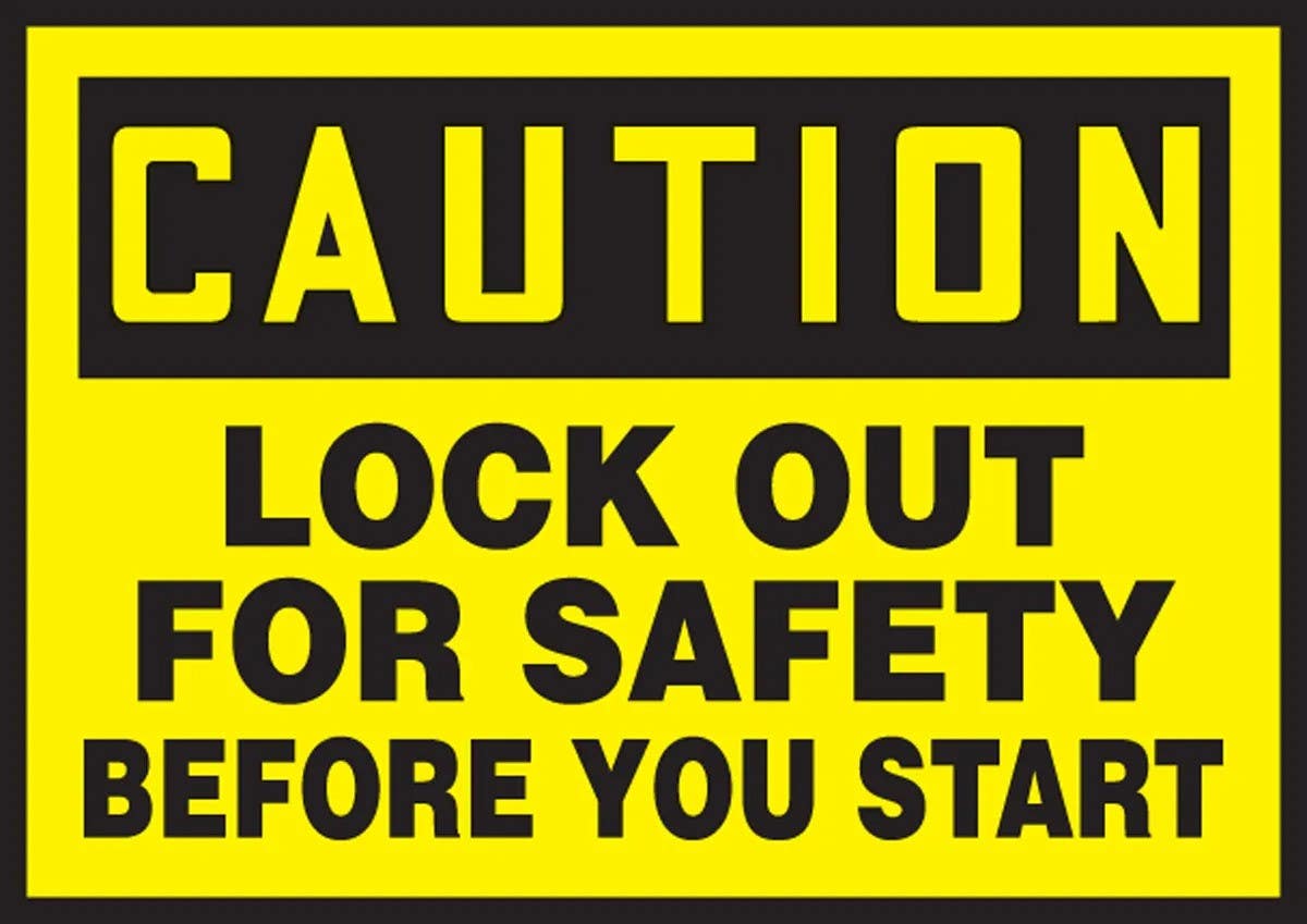 AccuformNMC LLKT612XVE Safety Label, Caution, Lock Out For Safety Before..., Adhesive Dura Vinyl, 3-1/2" H x 5" W