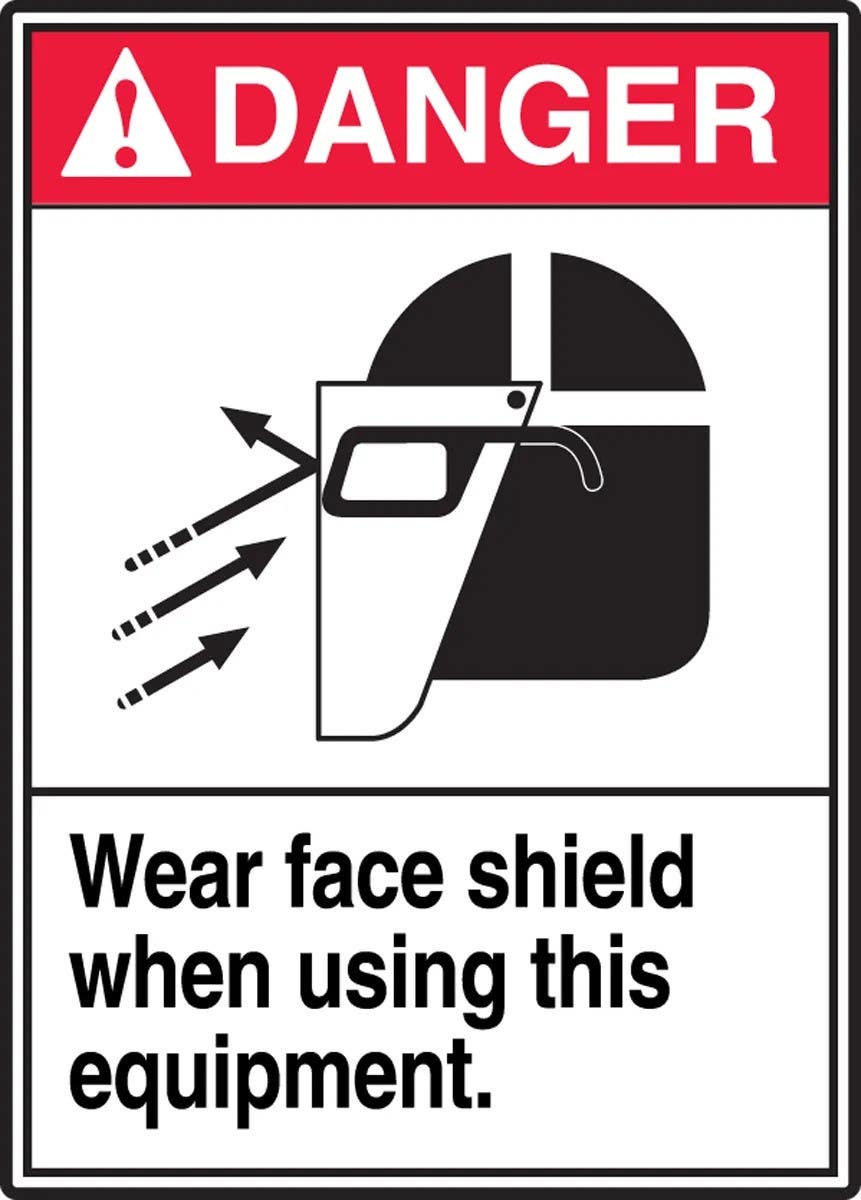 AccuformNMC LPPE112XVE ANSI Danger Safety Label, Wear Face Shield When Using..., Adhesive Dura Vinyl, 5" H x 3-1/2" W