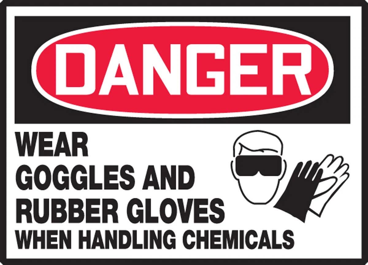 AccuformNMC LPPE120XVE OSHA Danger Safety Label, Wear Goggles And Rubber Gloves…, Adhesive Dura Vinyl, 3-1/2" H x 5" W