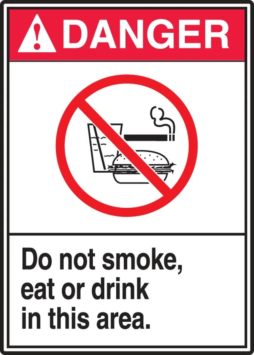 AccuformNMC LSMK104XVE ANSI Danger Safety Label, Do Not Smoke Eat Or Drink…, Adhesive Dura Vinyl, 5" H x 3-1/2" W