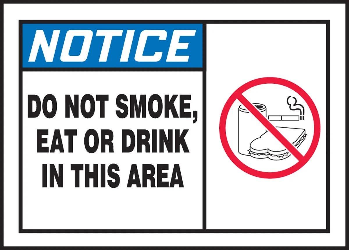 AccuformNMC LSMK805VSP ANSI Notice Safety Label, Do Not Smoke Eat Or Drink…, Adhesive Vinyl, 3-1/2" H x 5" W, 5/Pk