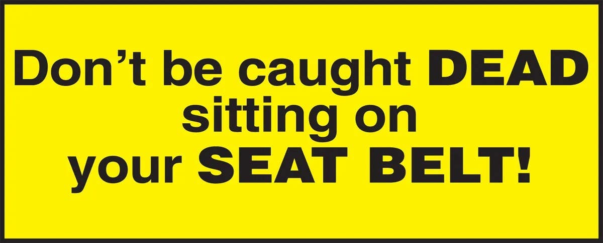 AccuformNMC LVHR509 Safety Label, Don't Be Caught Dead Sitting On Your Seatbelt, Adhesive Dura-Vinyl, 2" H x 5" W