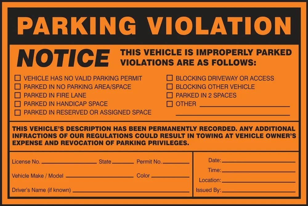 AccuformNMC LVHR576 Notice, This Vehicle Is Improperly Parked…, Pressure Sensitive Paper, Fluorescent Orange, 100/Pk