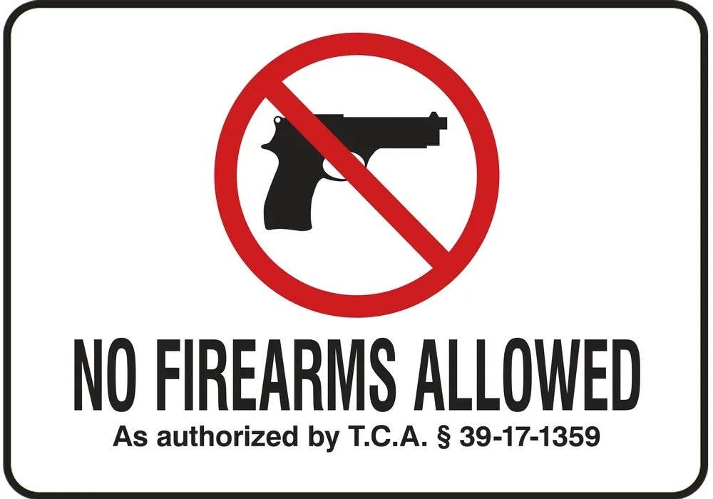 AccuformNMC MACC503 Tennessee Firearms Safety Sign, No Firearms Allowed, As Authorized By TCA 39-17-359, 7" H x 10" W