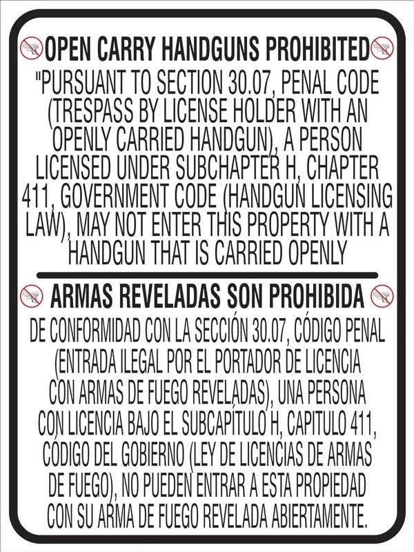 AccuformNMC MACC5 Bilingual Texas 30.06 Regulation Safety Sign, Prohibiting Handguns…, Texas 30.07 Open Carry