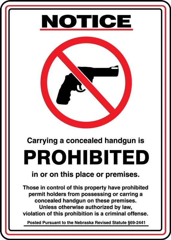 AccuformNMC MACC539 Notice Nebraska 69-2441 Safety Sign, Carrying A Concealed Handgun Is Prohibited, 14" H x 10" W