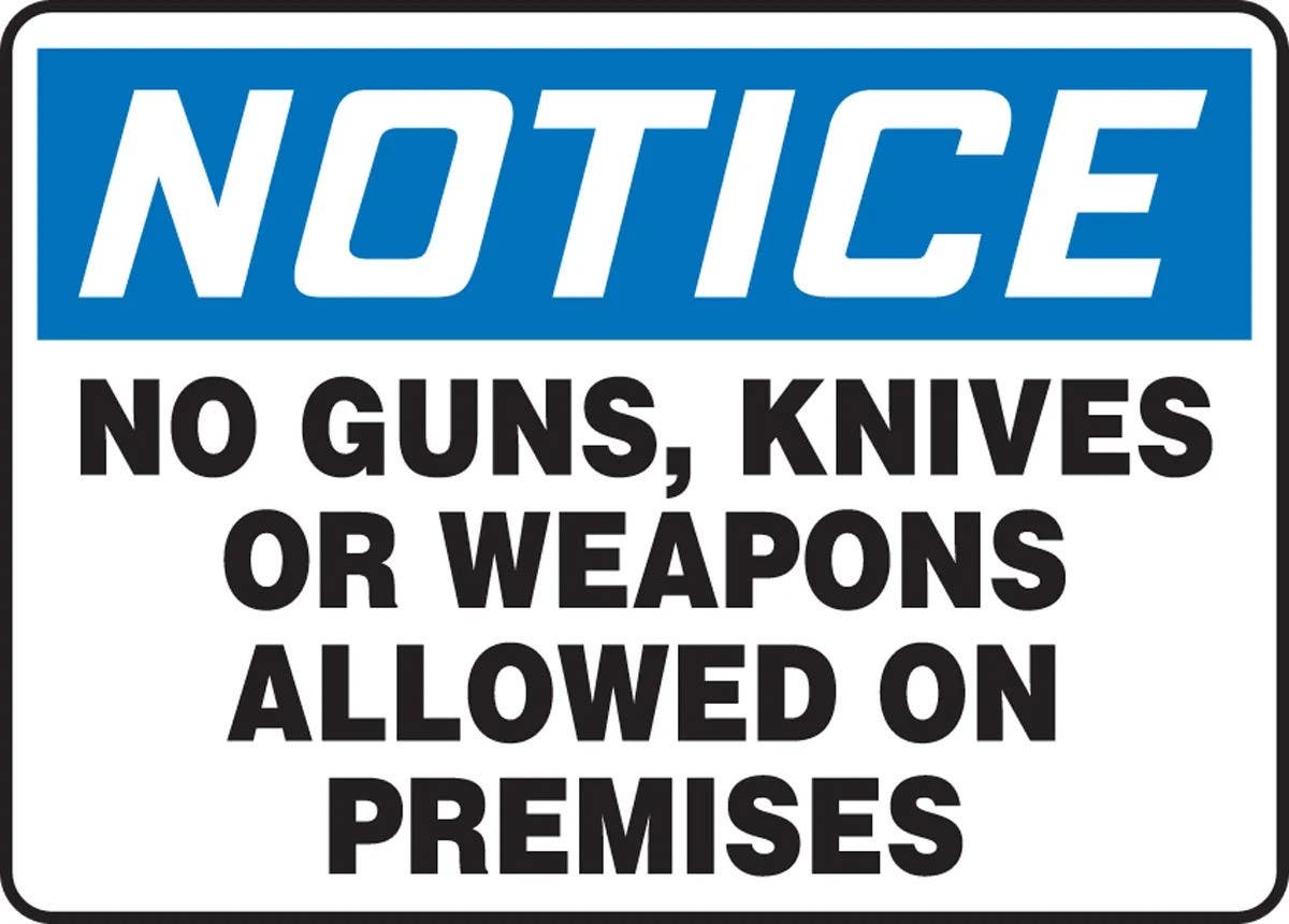 AccuformNMC MACC804 OSHA Notice Safety Sign, No Guns Knives Or Weapons Allowed On Premises, 10" H x 14" W