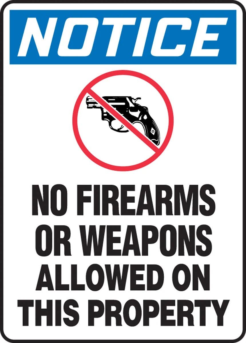 AccuformNMC MACC81 OSHA Notice Safety Sign, No Firearms Or Weapons Allowed On This Property