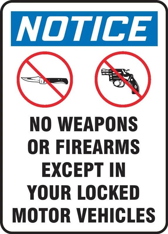 AccuformNMC MACC815 OSHA Notice Safety Sign, No Weapons Or Firearms Except..., 7" H x 5" W