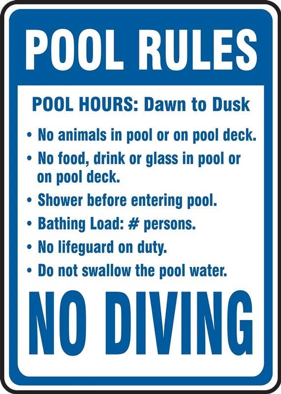 AccuformNMC MADM43 Safety Sign, Pool Rules, Pool Hours, Dawn To Dusk No Animals, Food, Drink, Glass...