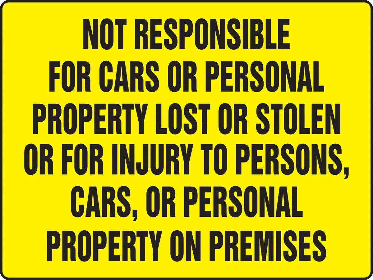 AccuformNMC MADM561 Really BigSign Safety Sign, Not Responsible For Cars Or Personal Property Lost Or Stolen…, 18" H x 24" W