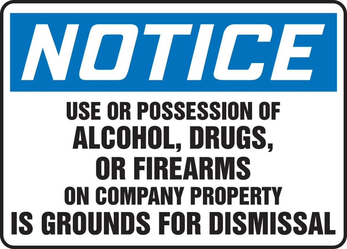 AccuformNMC MADM898 OSHA Notice Safety Sign, Use Or Possession Of Alcohol Drugs…, 10" H x 14" W