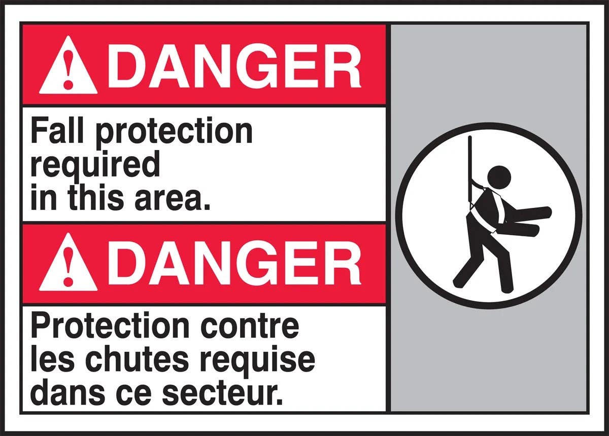 AccuformNMC MAFC138 Bilingual ANSI Danger Safety Sign, Fall Protection Required In This Area, 10" H x 14" W