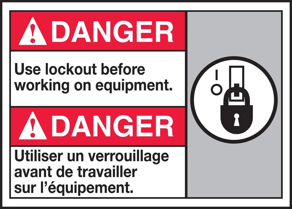 AccuformNMC MAFC183 Bilingual ANSI Danger Safety Sign, Use Lockout Before Working On Equipment, 10" H x 14" W